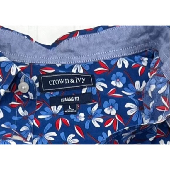 Crown & Ivy Men's Blue Floral Button-Up Shirt Classic Fit sz Large Short Sleeve - Picture 2 of 5